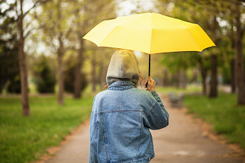 Person wearing a jean jacket and holding up a yellow umbrella walking down a path in the woods